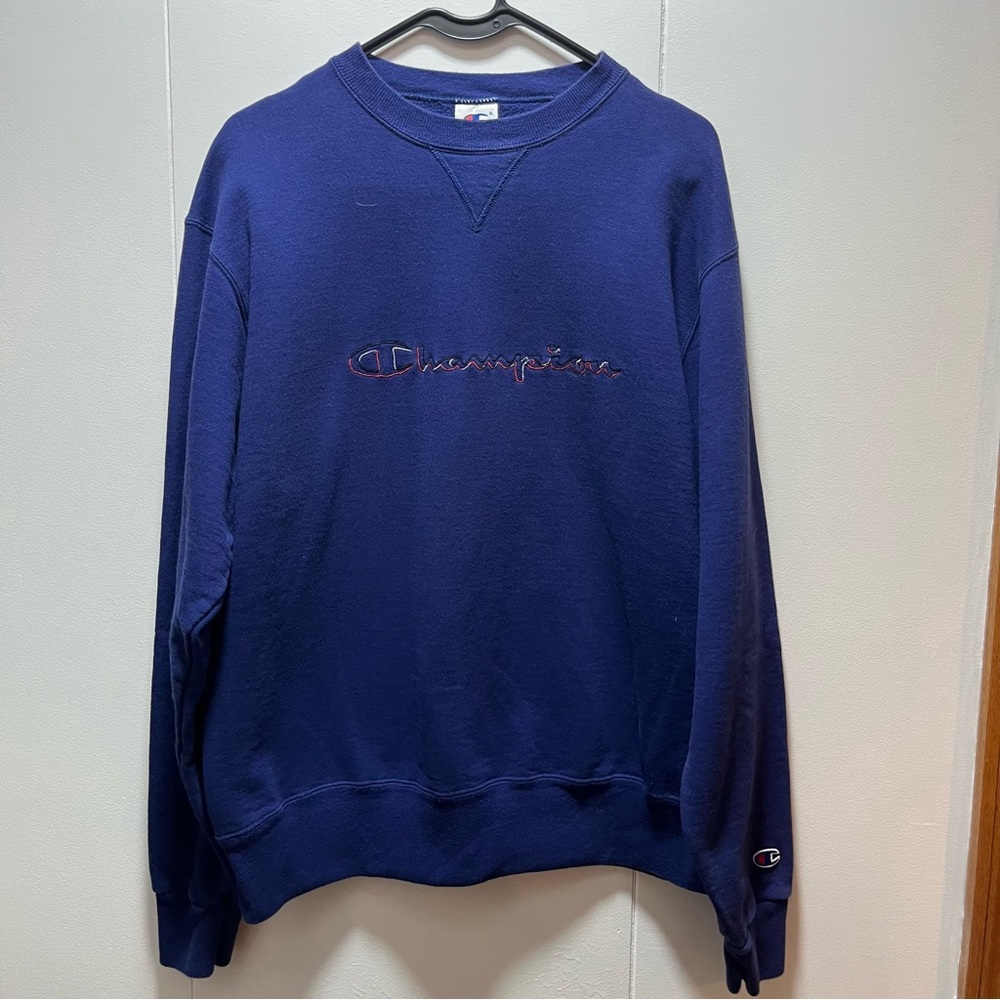 Champion Sweatshirt Vintage Y2K Script Embroidered Crewneck Size Large Blue